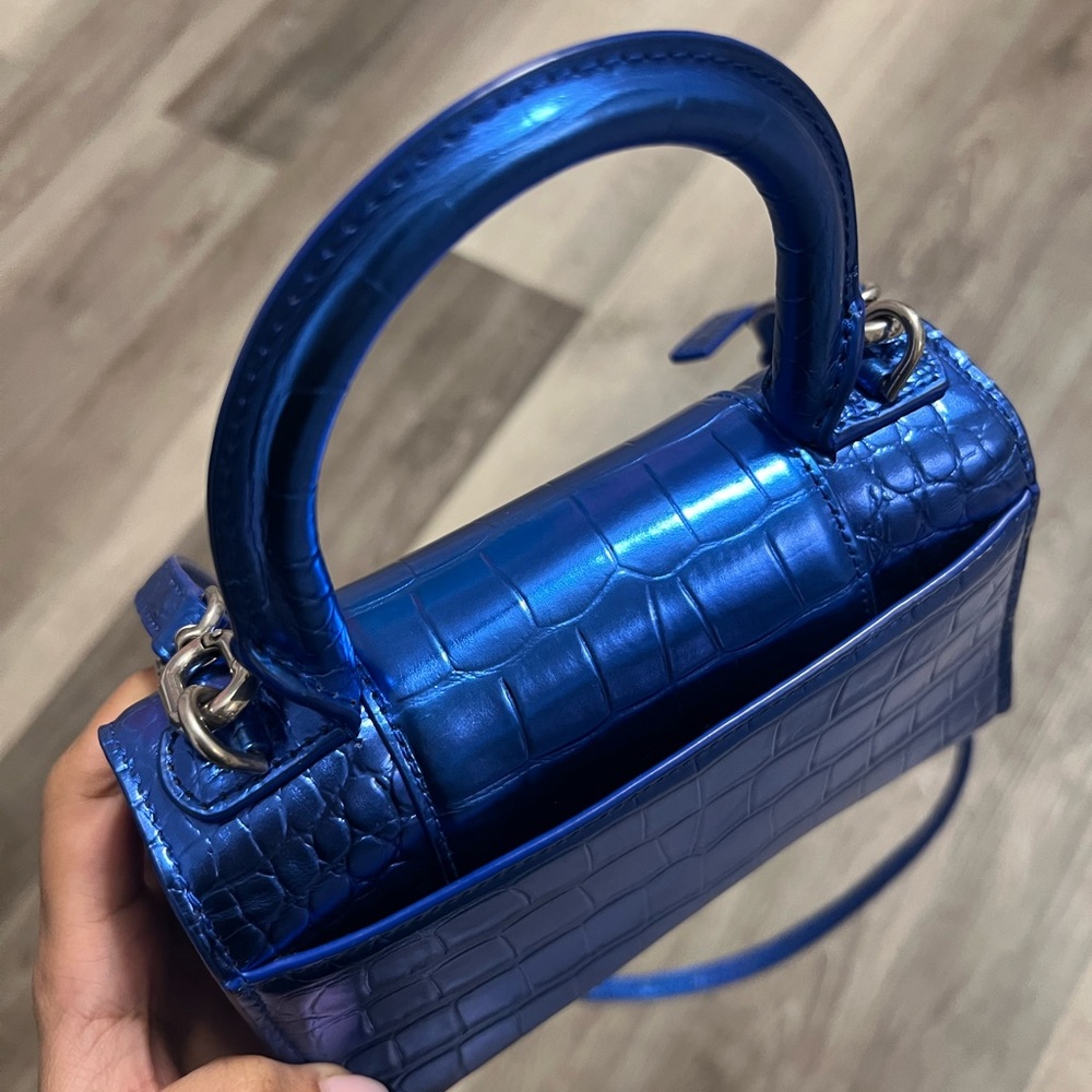 Balenciaga Blue Hourglass XS Croc-Embossed Handbag - Picture 6 of 10